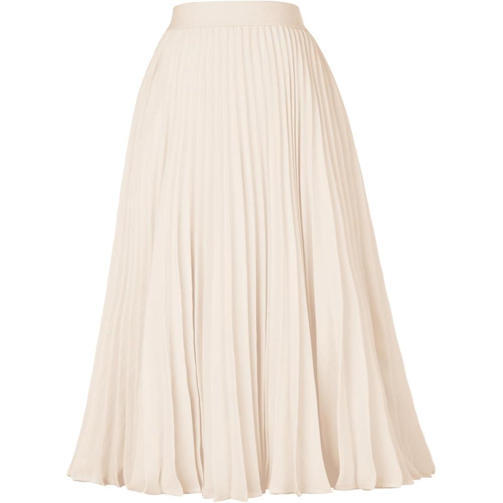 imageGRACE KARIN Pleated Midi Skirt for WomenSummer Chiffon Elastic High Waist Knee Length Skirts Swing ALine Boho OutfitsBeige