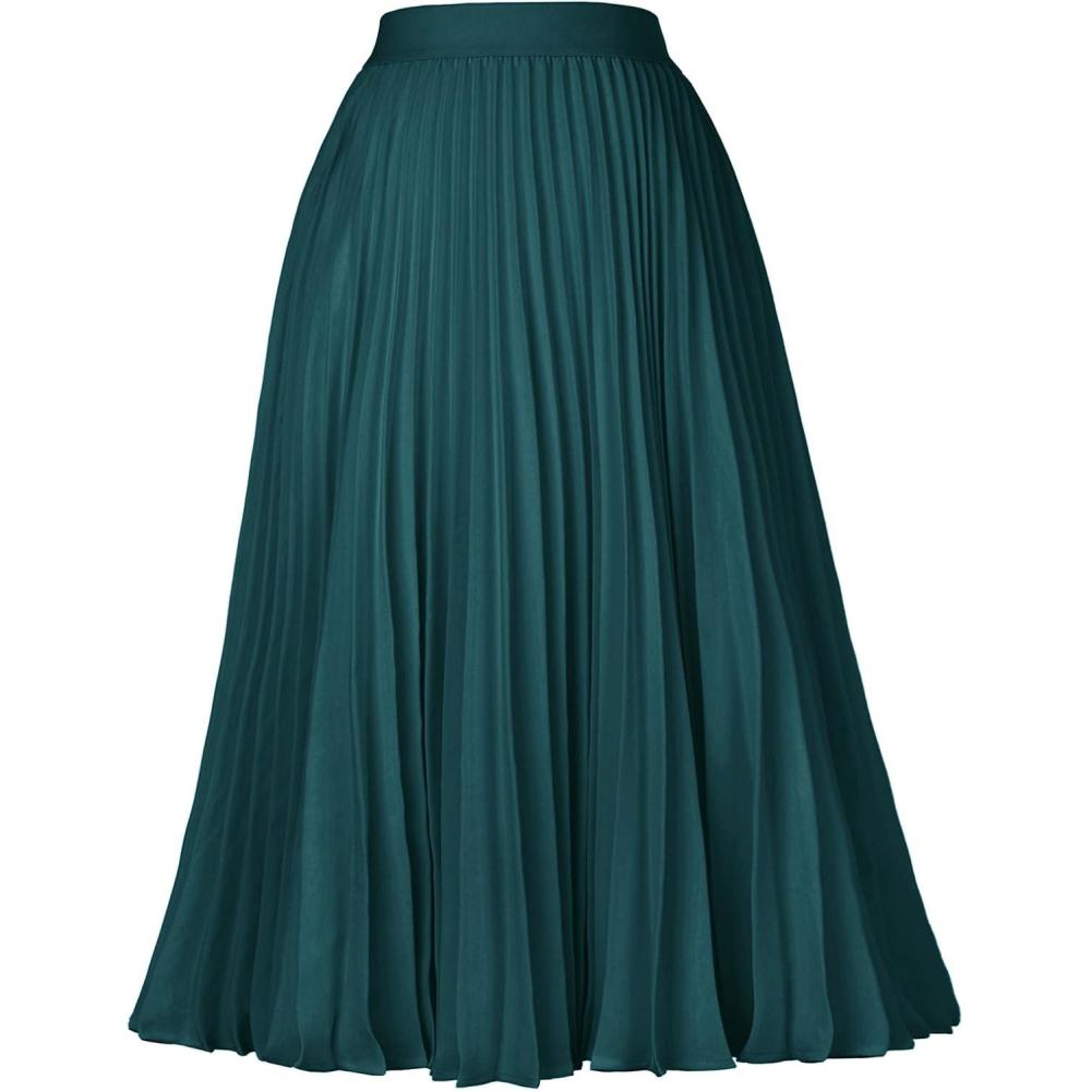 imageGRACE KARIN Pleated Midi Skirt for WomenSummer Chiffon Elastic High Waist Knee Length Skirts Swing ALine Boho OutfitsBlackish Green