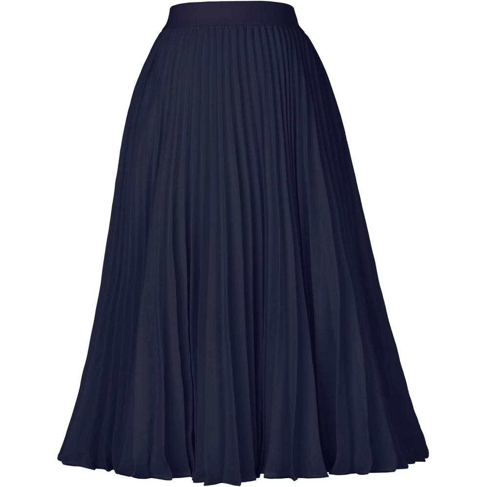 imageGRACE KARIN Pleated Midi Skirt for WomenSummer Chiffon Elastic High Waist Knee Length Skirts Swing ALine Boho OutfitsDark Navy
