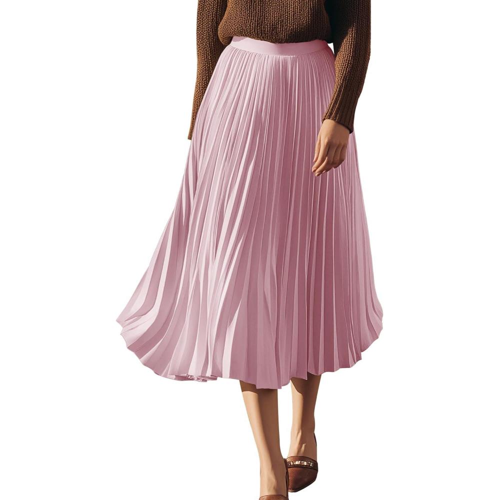 imageGRACE KARIN Pleated Midi Skirt for WomenSummer Chiffon Elastic High Waist Knee Length Skirts Swing ALine Boho OutfitsDark Rose Pink