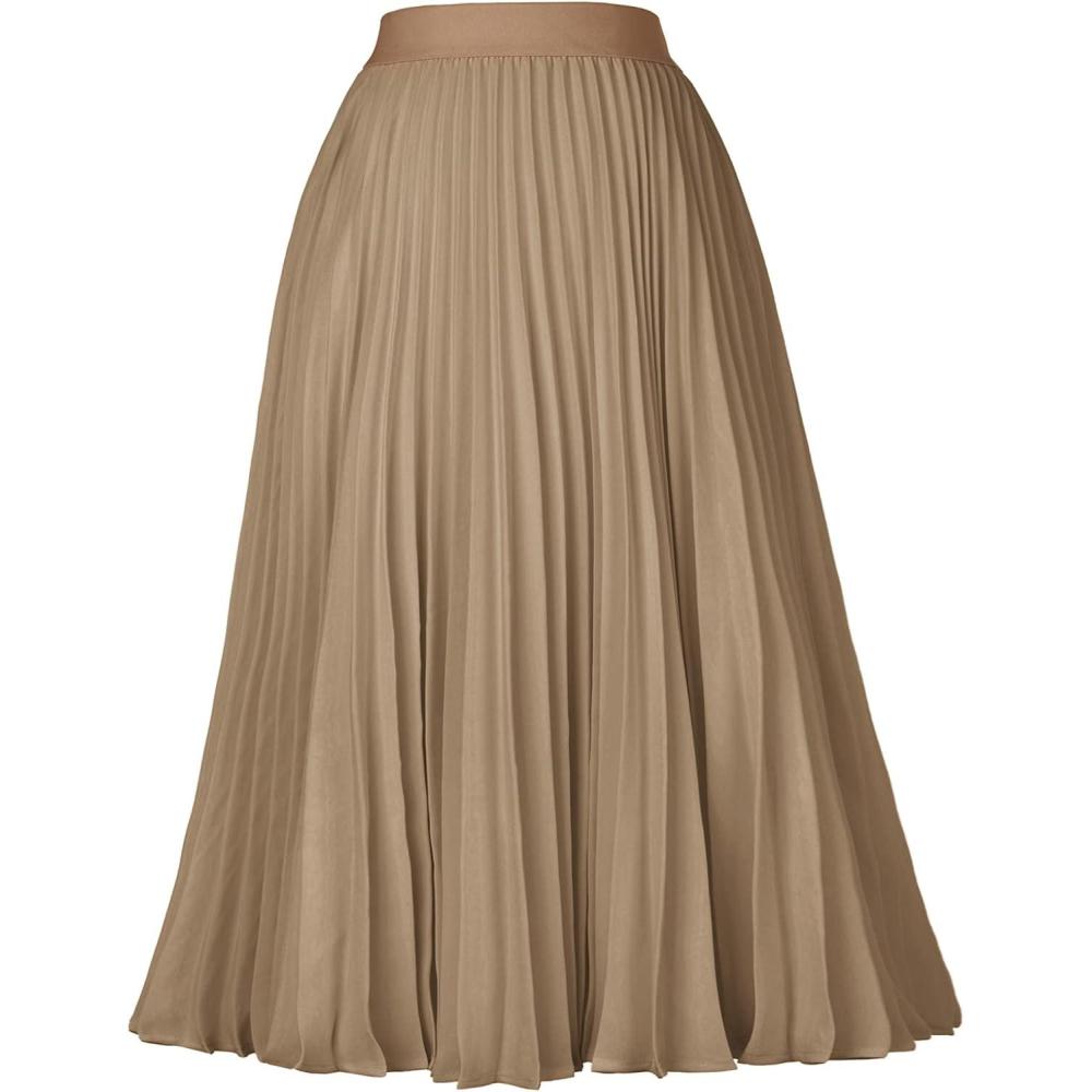 imageGRACE KARIN Pleated Midi Skirt for WomenSummer Chiffon Elastic High Waist Knee Length Skirts Swing ALine Boho OutfitsKhaki