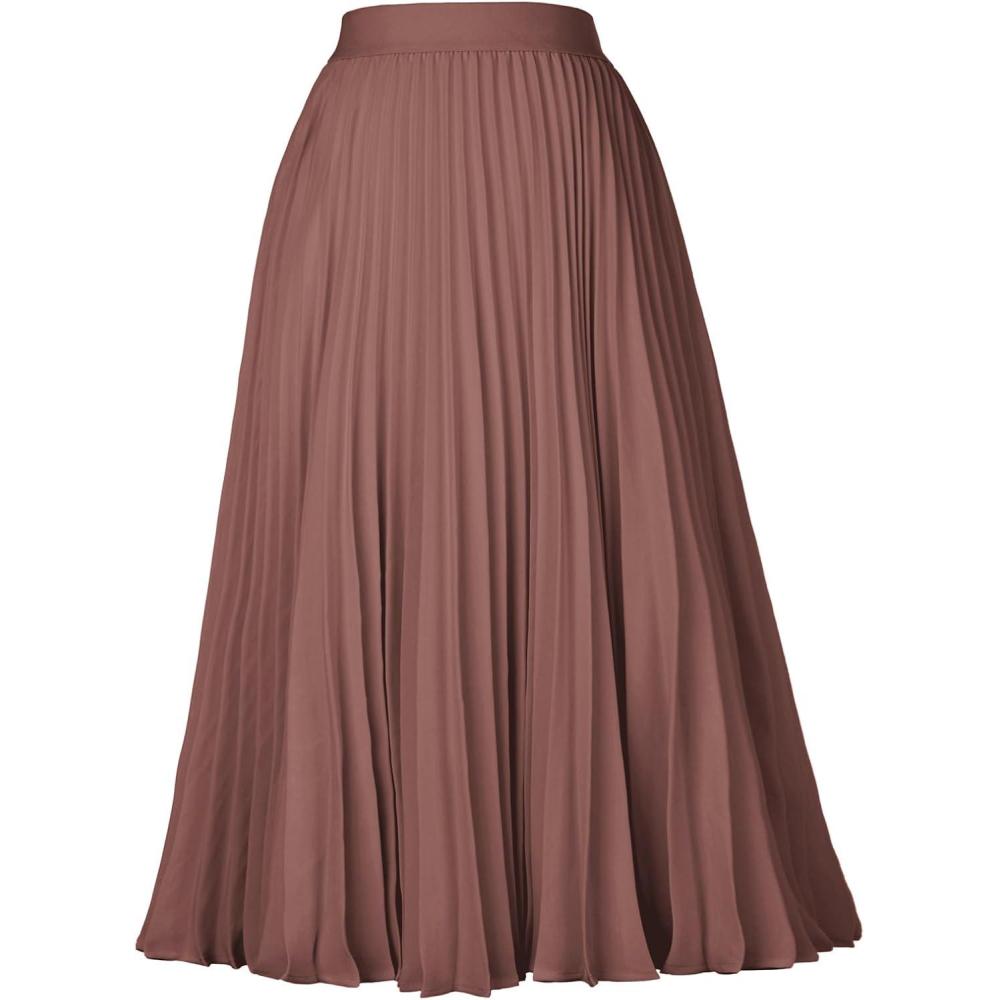 imageGRACE KARIN Pleated Midi Skirt for WomenSummer Chiffon Elastic High Waist Knee Length Skirts Swing ALine Boho OutfitsLight Brown