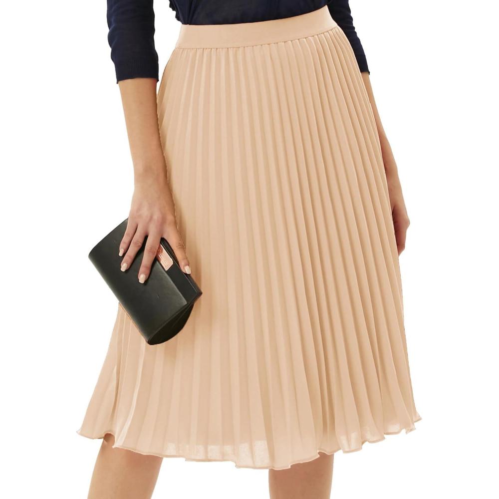 imageGRACE KARIN Pleated Midi Skirt for WomenSummer Chiffon Elastic High Waist Knee Length Skirts Swing ALine Boho OutfitsLight Khaki