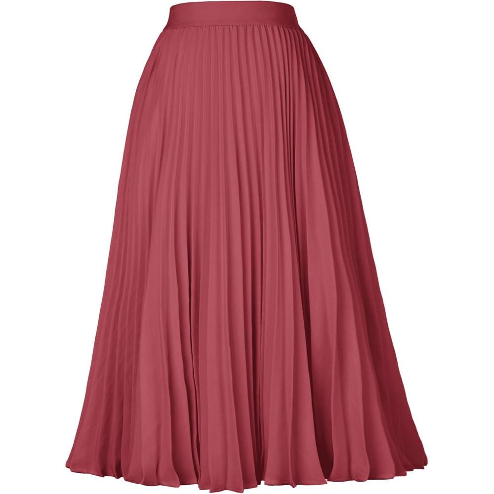 imageGRACE KARIN Pleated Midi Skirt for WomenSummer Chiffon Elastic High Waist Knee Length Skirts Swing ALine Boho OutfitsWatermelon Red