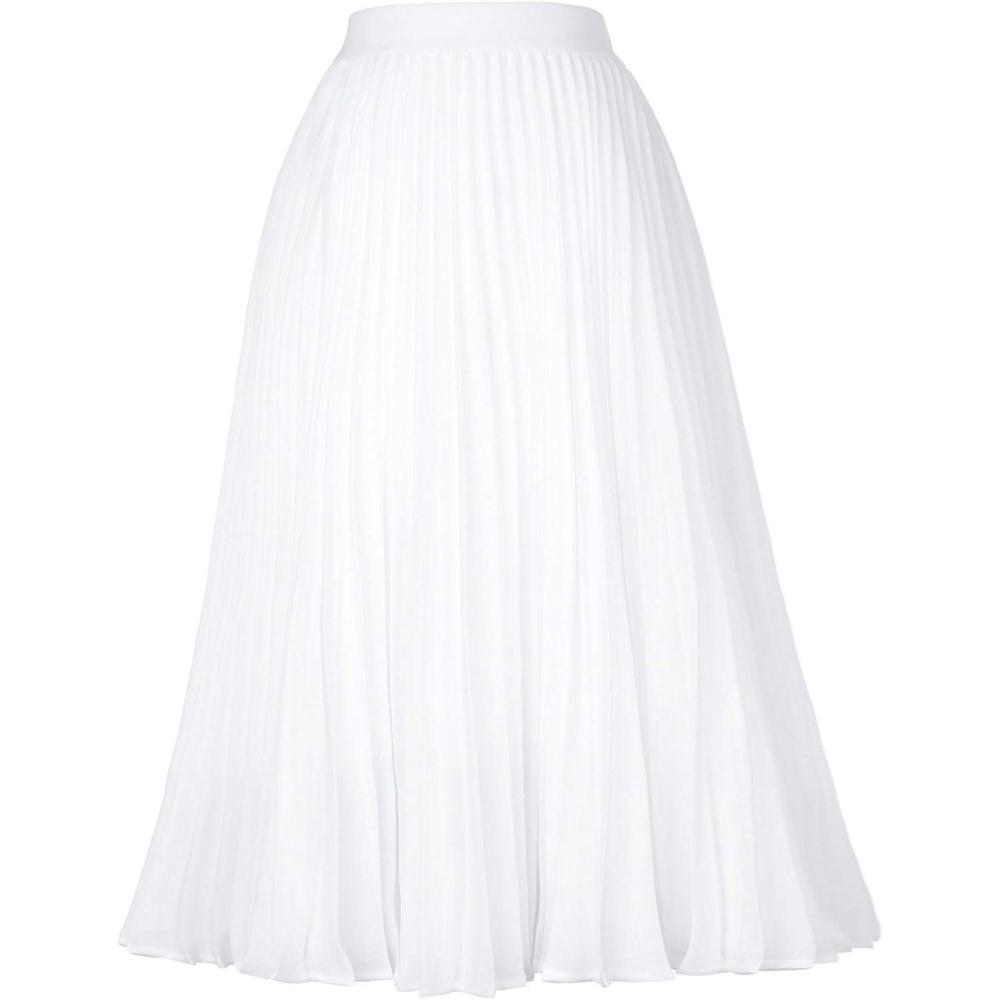 imageGRACE KARIN Pleated Midi Skirt for WomenSummer Chiffon Elastic High Waist Knee Length Skirts Swing ALine Boho OutfitsWhite