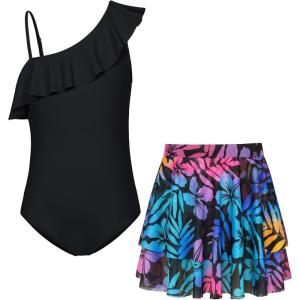 GRACE KARIN Girls One Piece Swimsuits with Mesh Skirt Bathing Suit Swimwear 6-14Y(Black)