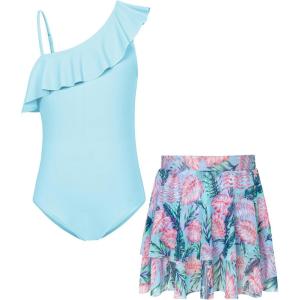 GRACE KARIN Girls One Piece Swimsuits with Mesh Skirt Bathing Suit Swimwear 6-14Y(Blue)