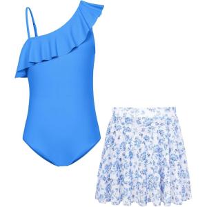 GRACE KARIN Girls One Piece Swimsuits with Mesh Skirt Bathing Suit Swimwear 6-14Y(Blue Flower)