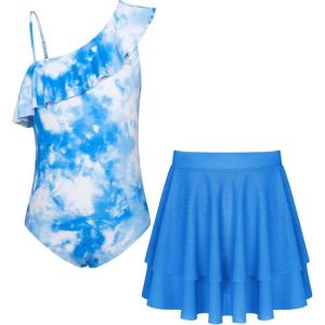 GRACE KARIN Girls One Piece Swimsuits with Mesh Skirt Bathing Suit Swimwear 6-14Y(Blue White)