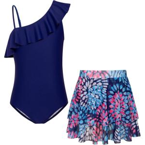GRACE KARIN Girls One Piece Swimsuits with Mesh Skirt Bathing Suit Swimwear 6-14Y(Navy Blue)
