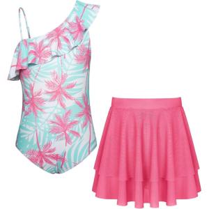 GRACE KARIN Girls One Piece Swimsuits with Mesh Skirt Bathing Suit Swimwear 6-14Y(Rose Red Coconut Tree)