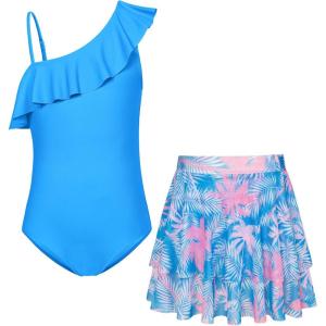 GRACE KARIN Girls One Piece Swimsuits with Mesh Skirt Bathing Suit Swimwear 6-14Y(Sky Blue)