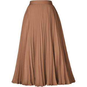 GRACE KARIN Pleated Midi Skirt for Women,Summer Chiffon Elastic High Waist Knee Length Skirts, Swing A-Line Boho Outfits(Deep Khaki)