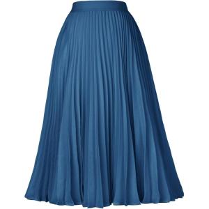GRACE KARIN Pleated Midi Skirt for Women,Summer Chiffon Elastic High Waist Knee Length Skirts, Swing A-Line Boho Outfits(Light Navy)