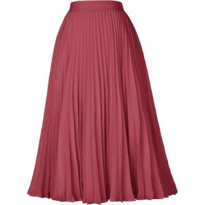 GRACE KARIN Pleated Midi Skirt for Women,Summer Chiffon Elastic High Waist Knee Length Skirts, Swing A-Line Boho Outfits(Watermelon Red)
