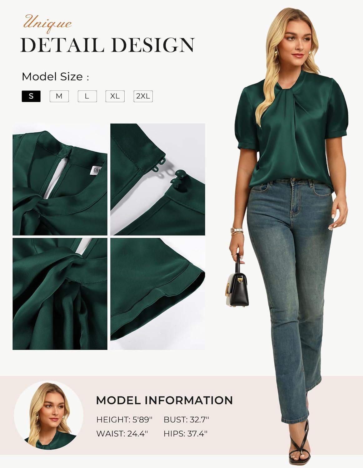 imageGRACE KARIN 2026 Women Satin Tops Short Sleeve Blouse Mock Neck Work Silk Shirts Business Casual OutfitsDark Green