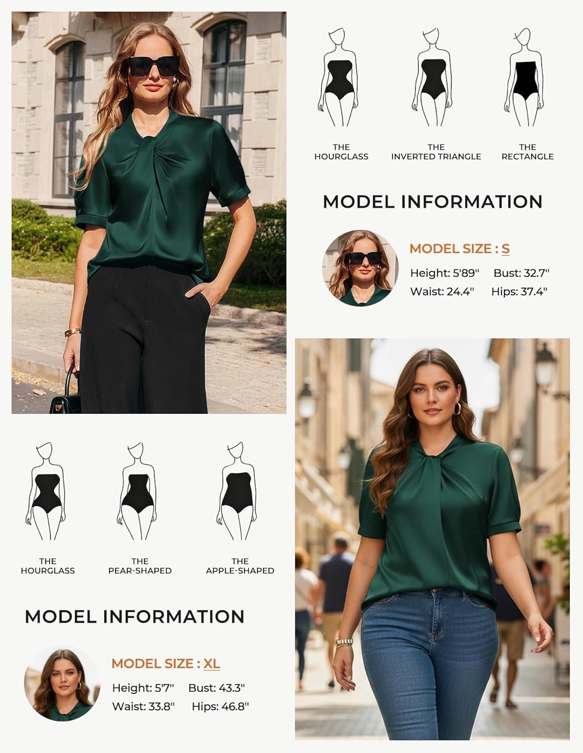 imageGRACE KARIN 2026 Women Satin Tops Short Sleeve Blouse Mock Neck Work Silk Shirts Business Casual OutfitsDark Green