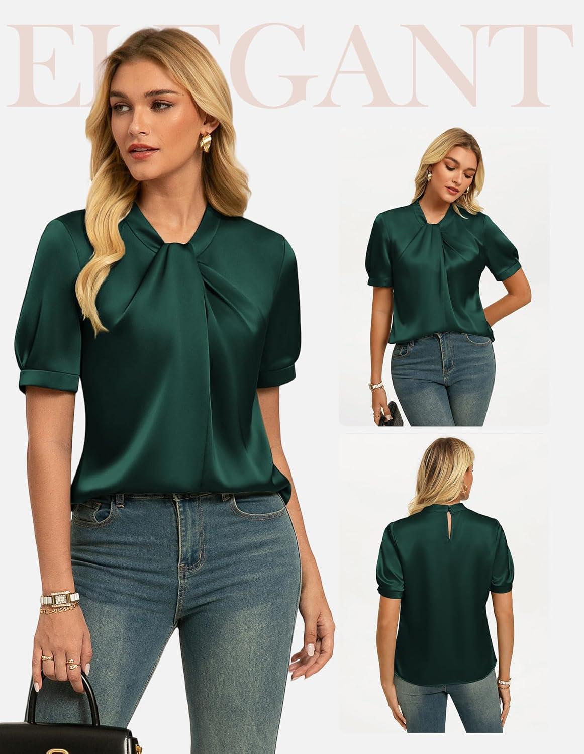 imageGRACE KARIN 2026 Women Satin Tops Short Sleeve Blouse Mock Neck Work Silk Shirts Business Casual OutfitsDark Green