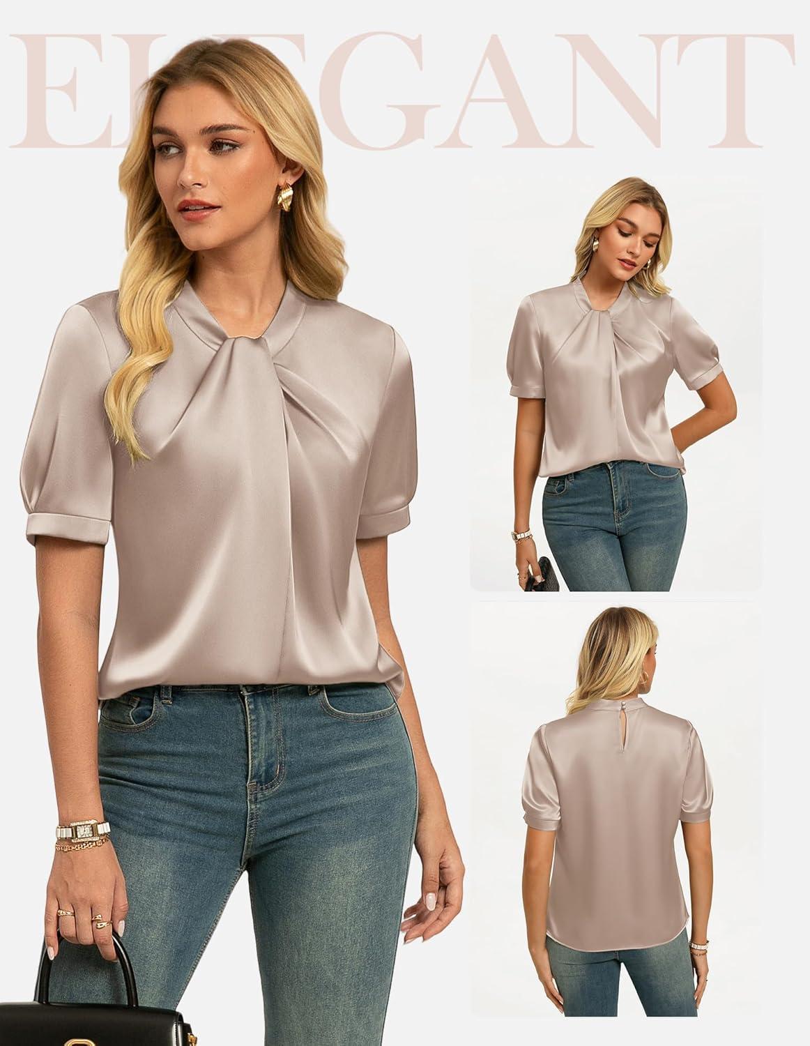 imageGRACE KARIN 2026 Women Satin Tops Short Sleeve Blouse Mock Neck Work Silk Shirts Business Casual OutfitsOatmeal Color