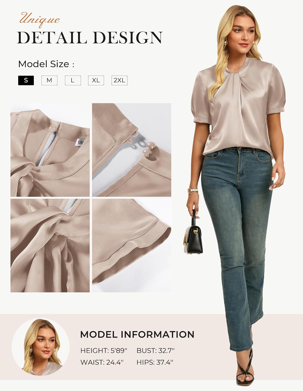 imageGRACE KARIN 2026 Women Satin Tops Short Sleeve Blouse Mock Neck Work Silk Shirts Business Casual OutfitsOatmeal Color