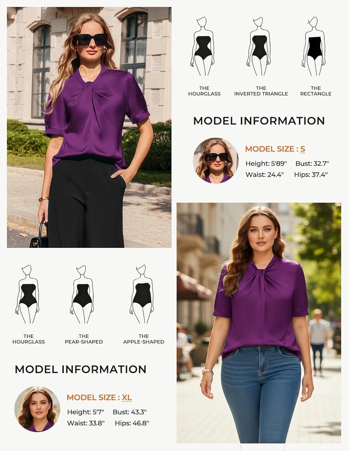 imageGRACE KARIN 2026 Women Satin Tops Short Sleeve Blouse Mock Neck Work Silk Shirts Business Casual OutfitsPurple