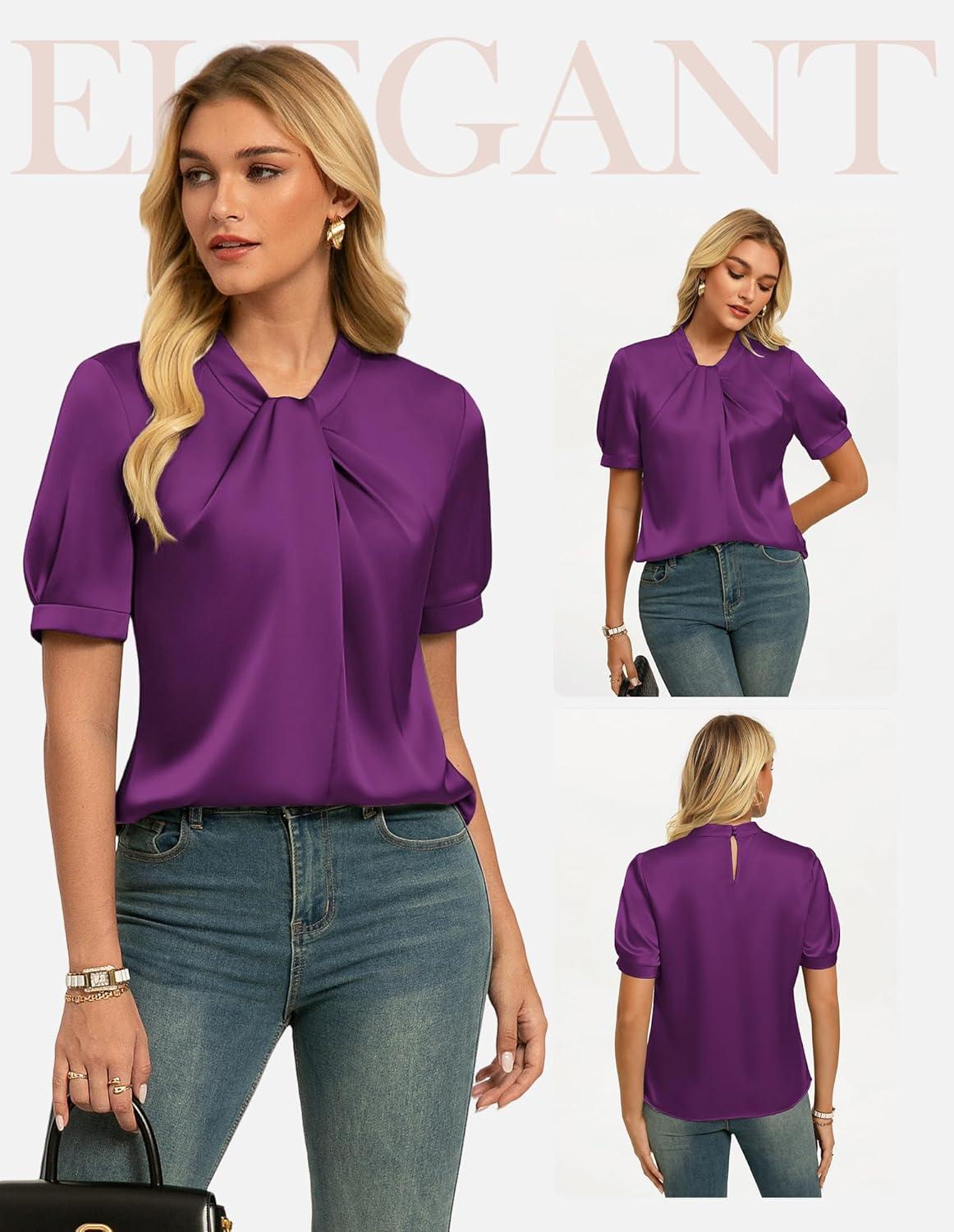 imageGRACE KARIN 2026 Women Satin Tops Short Sleeve Blouse Mock Neck Work Silk Shirts Business Casual OutfitsPurple