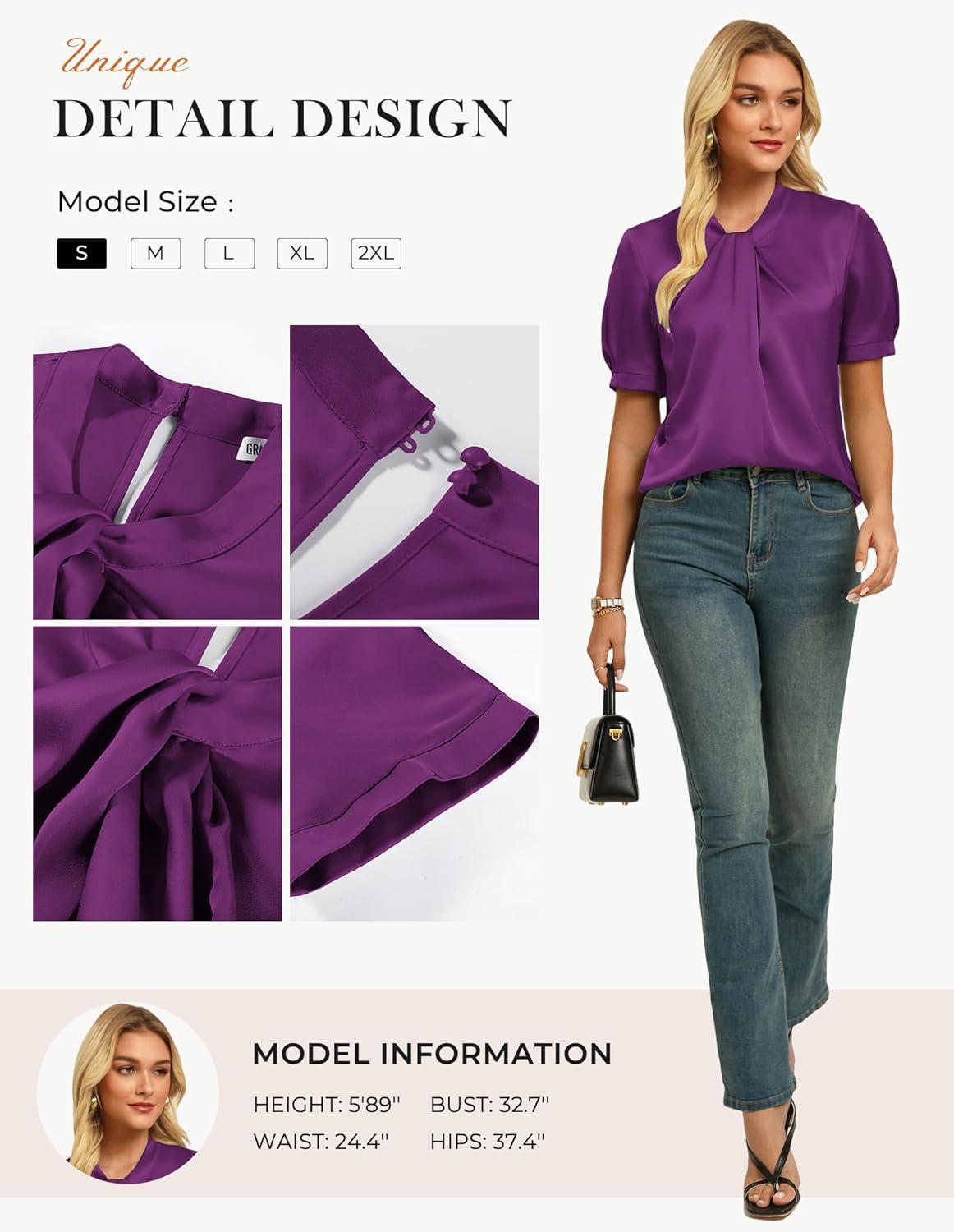 imageGRACE KARIN 2026 Women Satin Tops Short Sleeve Blouse Mock Neck Work Silk Shirts Business Casual OutfitsPurple