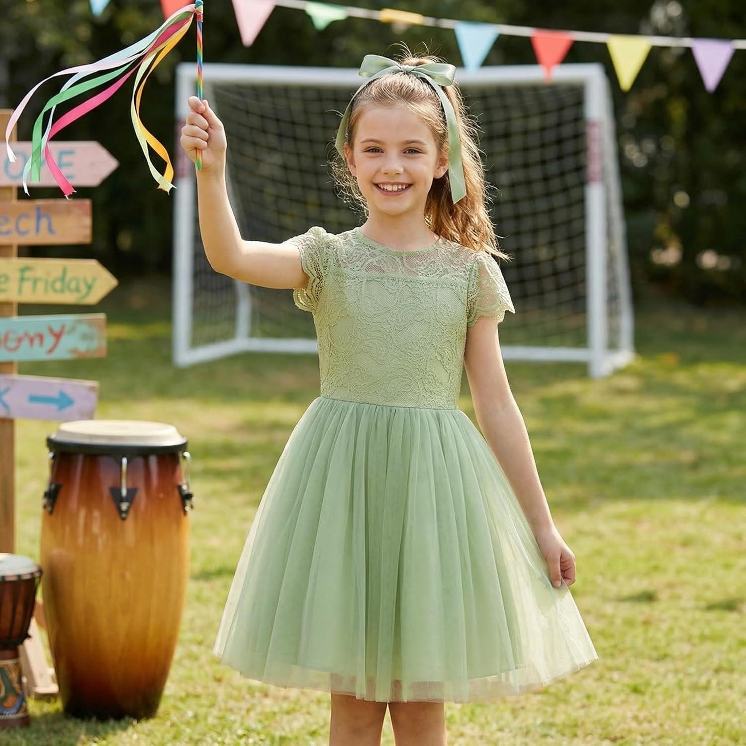 imageGRACE KARIN Flower Girl Dress with Big BowKids Lace Tulle Princess GownWedding Formal Birthday Party Pageant 510YSage Green