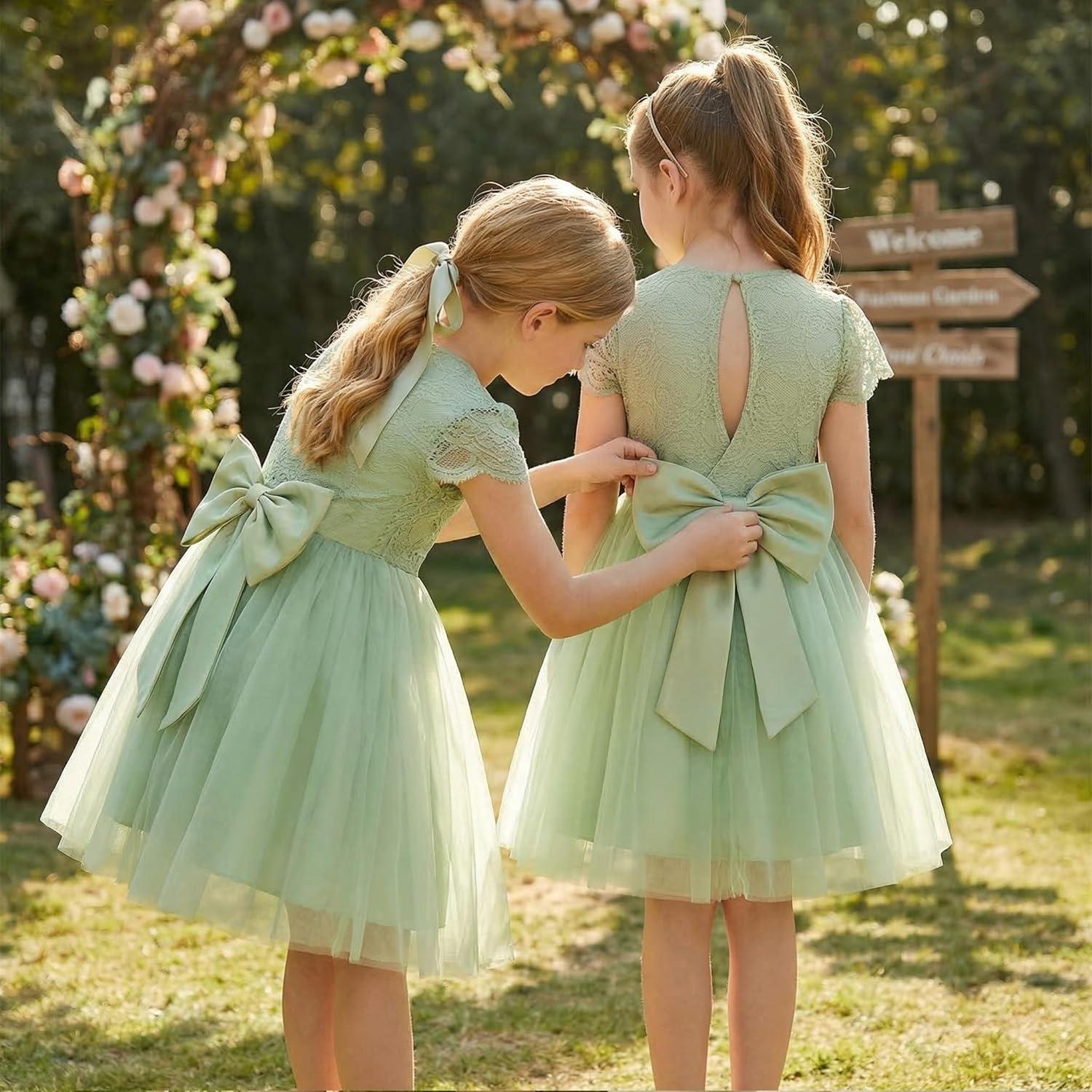 imageGRACE KARIN Flower Girl Dress with Big BowKids Lace Tulle Princess GownWedding Formal Birthday Party Pageant 510YSage Green