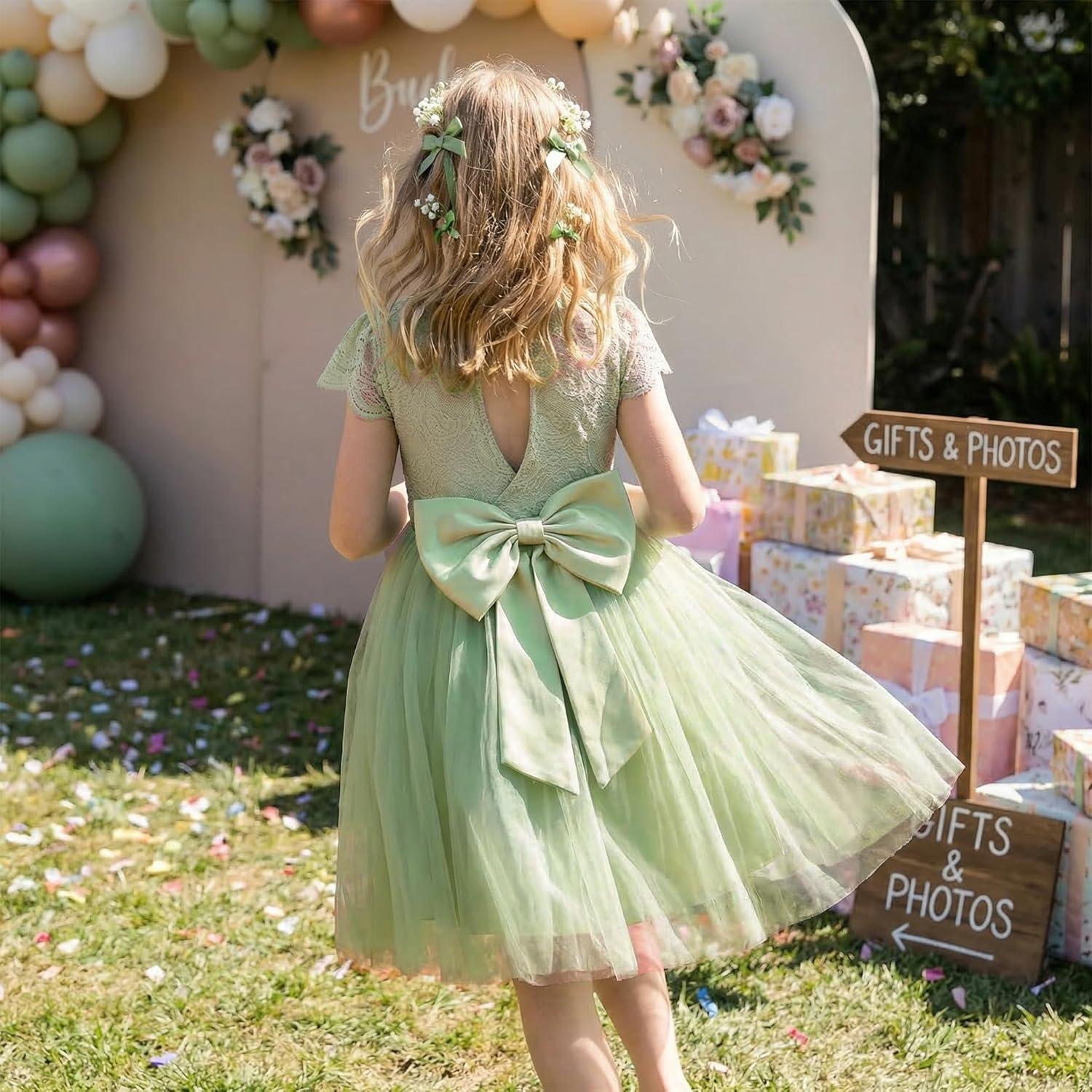 imageGRACE KARIN Flower Girl Dress with Big BowKids Lace Tulle Princess GownWedding Formal Birthday Party Pageant 510YSage Green