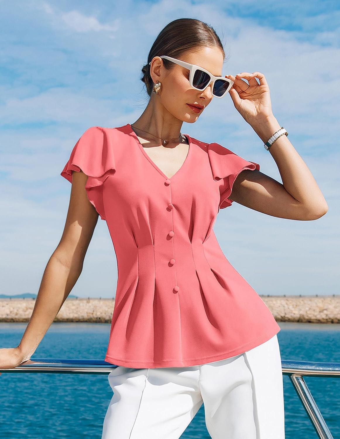 imageGRACE KARIN Summer Blouses for Women Dressy Casual 2026 Ruffle Sleeve Peplum Tops Business Work Shirt Fashioin ClothingCoral