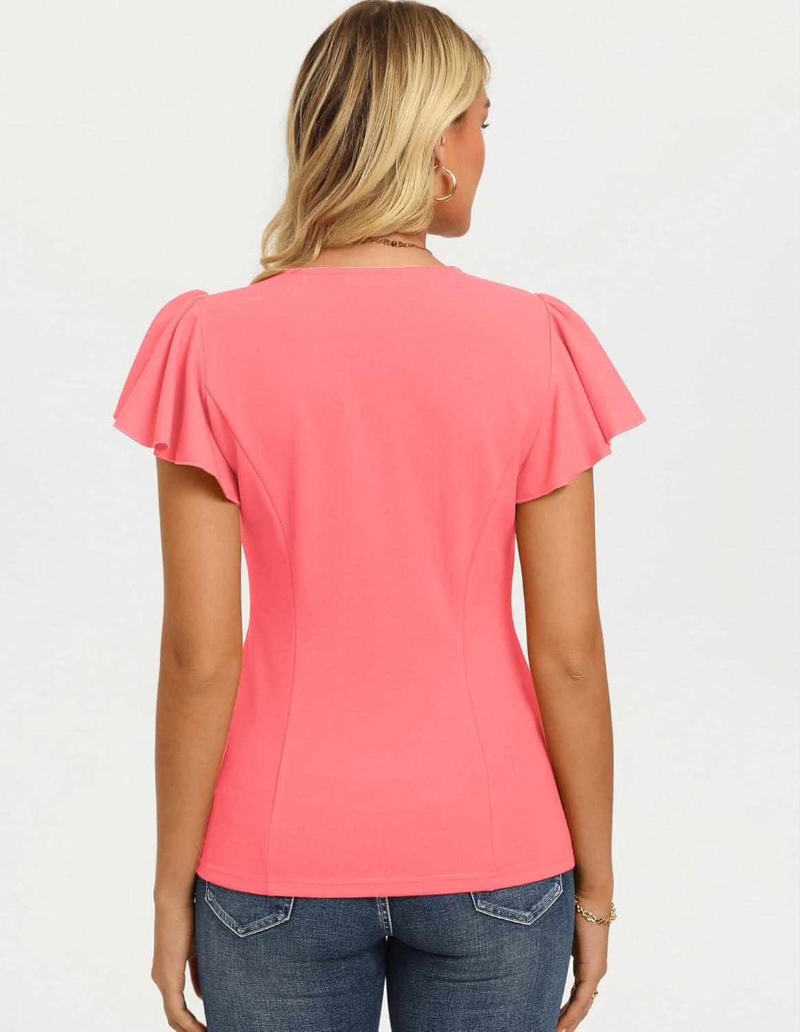 imageGRACE KARIN Summer Blouses for Women Dressy Casual 2026 Ruffle Sleeve Peplum Tops Business Work Shirt Fashioin ClothingCoral