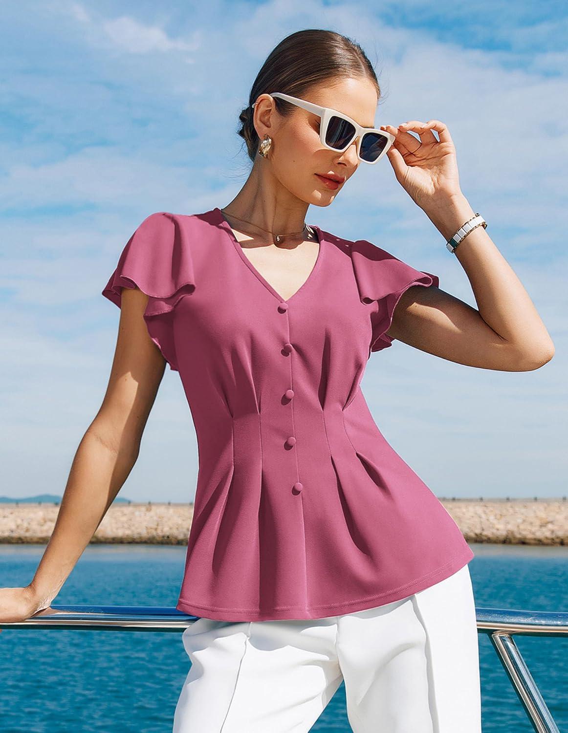 imageGRACE KARIN Summer Blouses for Women Dressy Casual 2026 Ruffle Sleeve Peplum Tops Business Work Shirt Fashioin ClothingLight Fuchsia