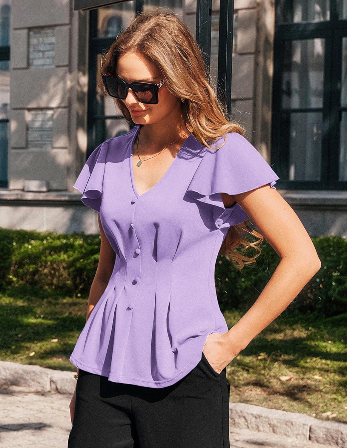 imageGRACE KARIN Summer Blouses for Women Dressy Casual 2026 Ruffle Sleeve Peplum Tops Business Work Shirt Fashioin ClothingLight Purple