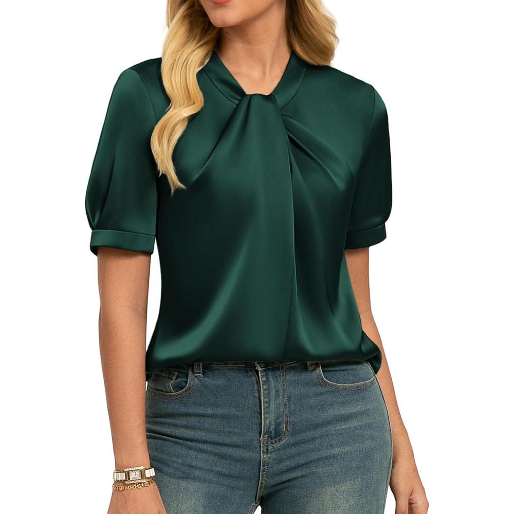 imageGRACE KARIN 2026 Women Satin Tops Short Sleeve Blouse Mock Neck Work Silk Shirts Business Casual OutfitsDark Green