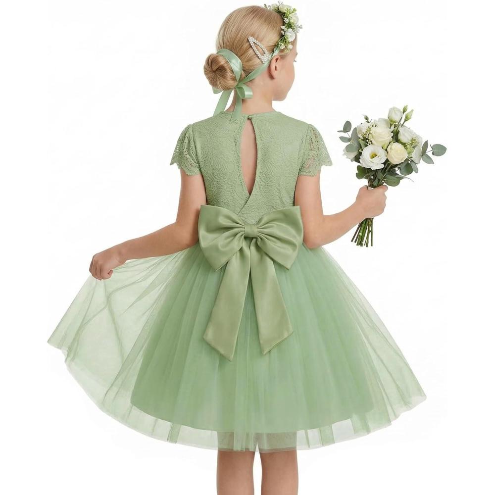 imageGRACE KARIN Flower Girl Dress with Big BowKids Lace Tulle Princess GownWedding Formal Birthday Party Pageant 510YSage Green