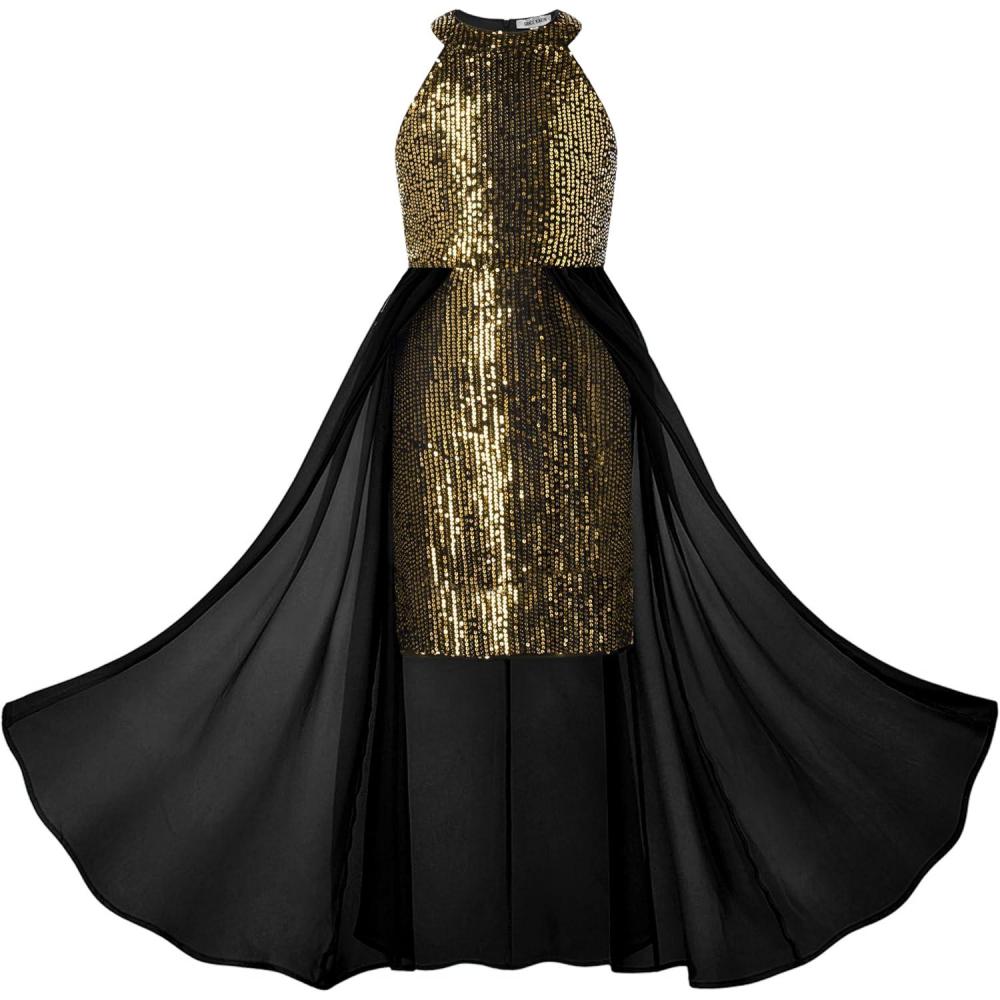 imageGRACE KARIN Girls Halter Neck Sequin Dress 614Y Kids Fancy Formal Party Christmas Sparkly Pageant Birthday DressesBlack Gold