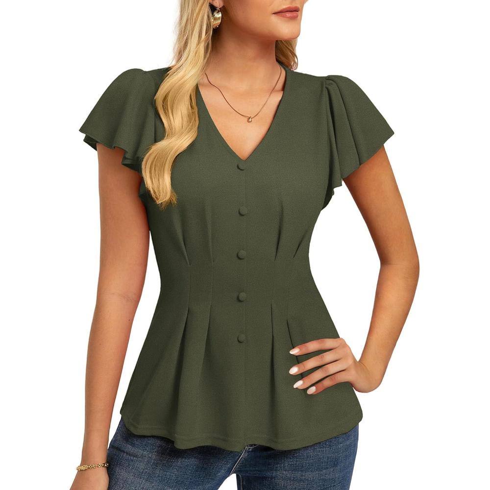 imageGRACE KARIN Summer Blouses for Women Dressy Casual 2026 Ruffle Sleeve Peplum Tops Business Work Shirt Fashioin ClothingArmy Green