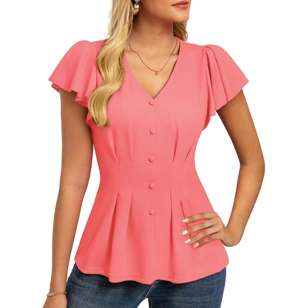 imageGRACE KARIN Summer Blouses for Women Dressy Casual 2026 Ruffle Sleeve Peplum Tops Business Work Shirt Fashioin ClothingCoral