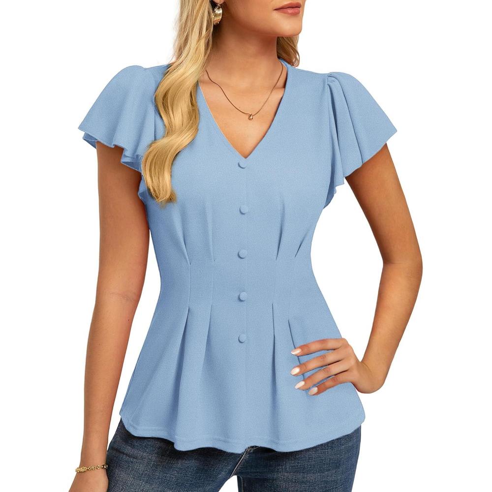 imageGRACE KARIN Summer Blouses for Women Dressy Casual 2026 Ruffle Sleeve Peplum Tops Business Work Shirt Fashioin ClothingLight Blue