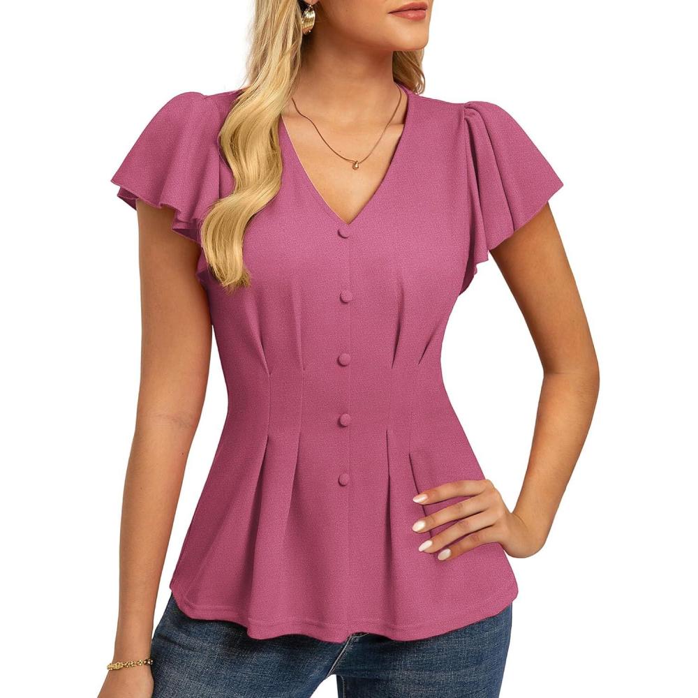 imageGRACE KARIN Summer Blouses for Women Dressy Casual 2026 Ruffle Sleeve Peplum Tops Business Work Shirt Fashioin ClothingLight Fuchsia
