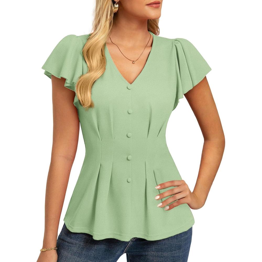 imageGRACE KARIN Summer Blouses for Women Dressy Casual 2026 Ruffle Sleeve Peplum Tops Business Work Shirt Fashioin ClothingLight Green