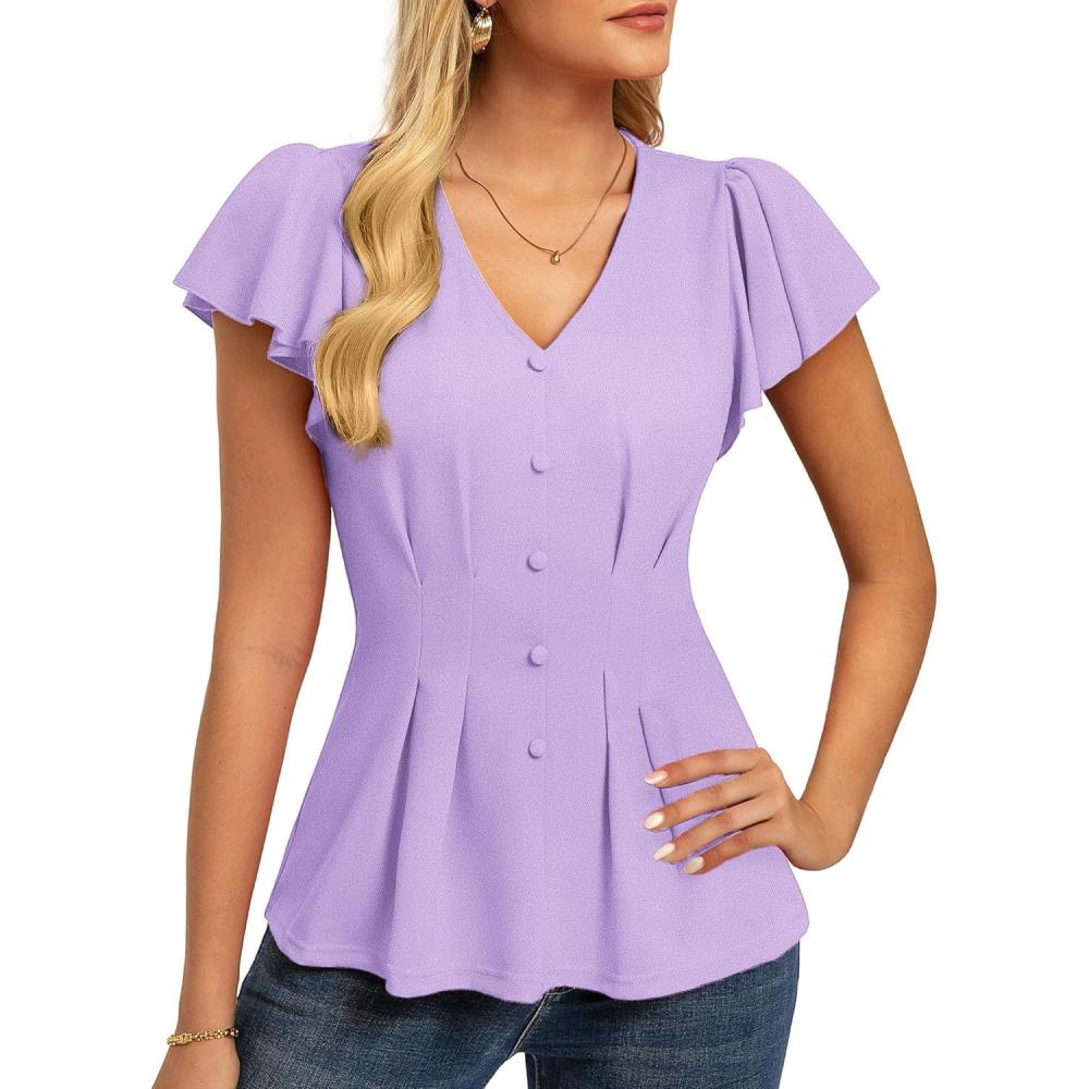 imageGRACE KARIN Summer Blouses for Women Dressy Casual 2026 Ruffle Sleeve Peplum Tops Business Work Shirt Fashioin ClothingLight Purple