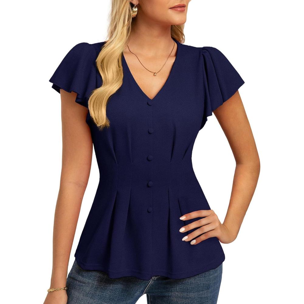 imageGRACE KARIN Summer Blouses for Women Dressy Casual 2026 Ruffle Sleeve Peplum Tops Business Work Shirt Fashioin ClothingNavy Blue