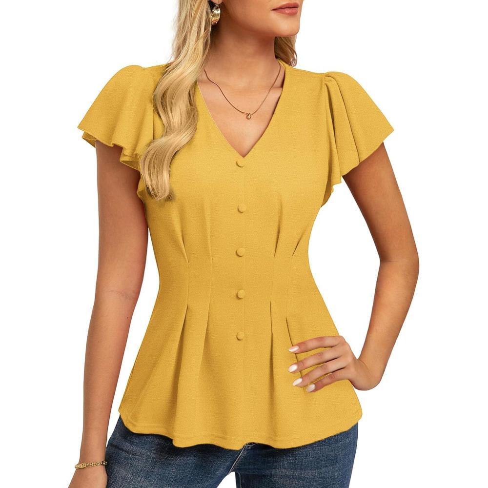 imageGRACE KARIN Summer Blouses for Women Dressy Casual 2026 Ruffle Sleeve Peplum Tops Business Work Shirt Fashioin ClothingYellow