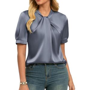 GRACE KARIN 2026 Women Satin Tops Short Sleeve Blouse Mock Neck Work Silk Shirts Business Casual Outfits(Light Gray)
