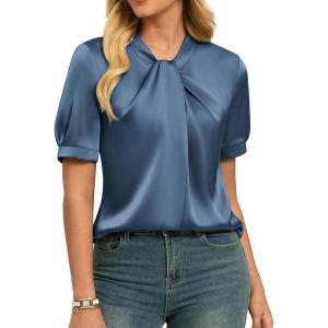 GRACE KARIN 2026 Women Satin Tops Short Sleeve Blouse Mock Neck Work Silk Shirts Business Casual Outfits(Light Gray Blue)