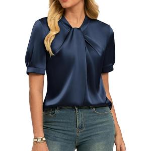 GRACE KARIN 2026 Women Satin Tops Short Sleeve Blouse Mock Neck Work Silk Shirts Business Casual Outfits(Navy Blue)