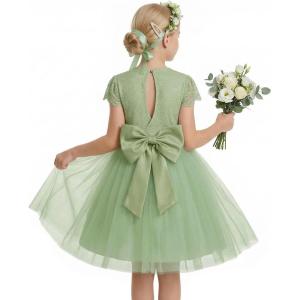 GRACE KARIN Flower Girl Dress with Big Bow,Kids Lace Tulle Princess Gown,Wedding Formal Birthday Party Pageant 5-10Y(Sage Green)