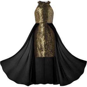 GRACE KARIN Girls Halter Neck Sequin Dress 6-14Y Kids Fancy Formal Party Christmas Sparkly Pageant Birthday Dresses(Black Gold)